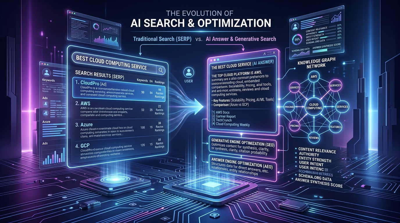 AEO vs GEO vs SEO AI search optimization and knowledge graph diagram