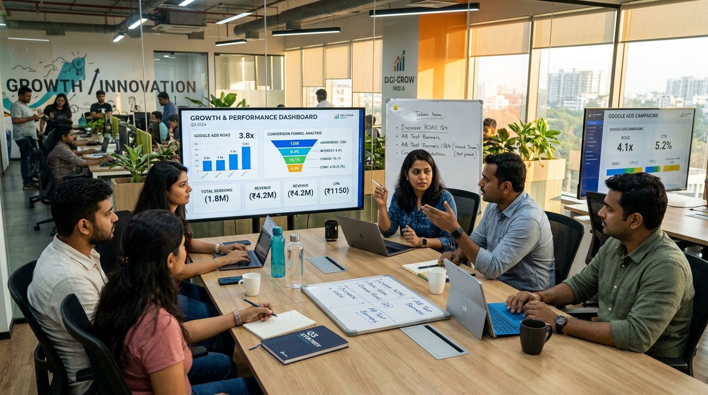 Digital marketing agency strategy team collaborating on growth dashboards