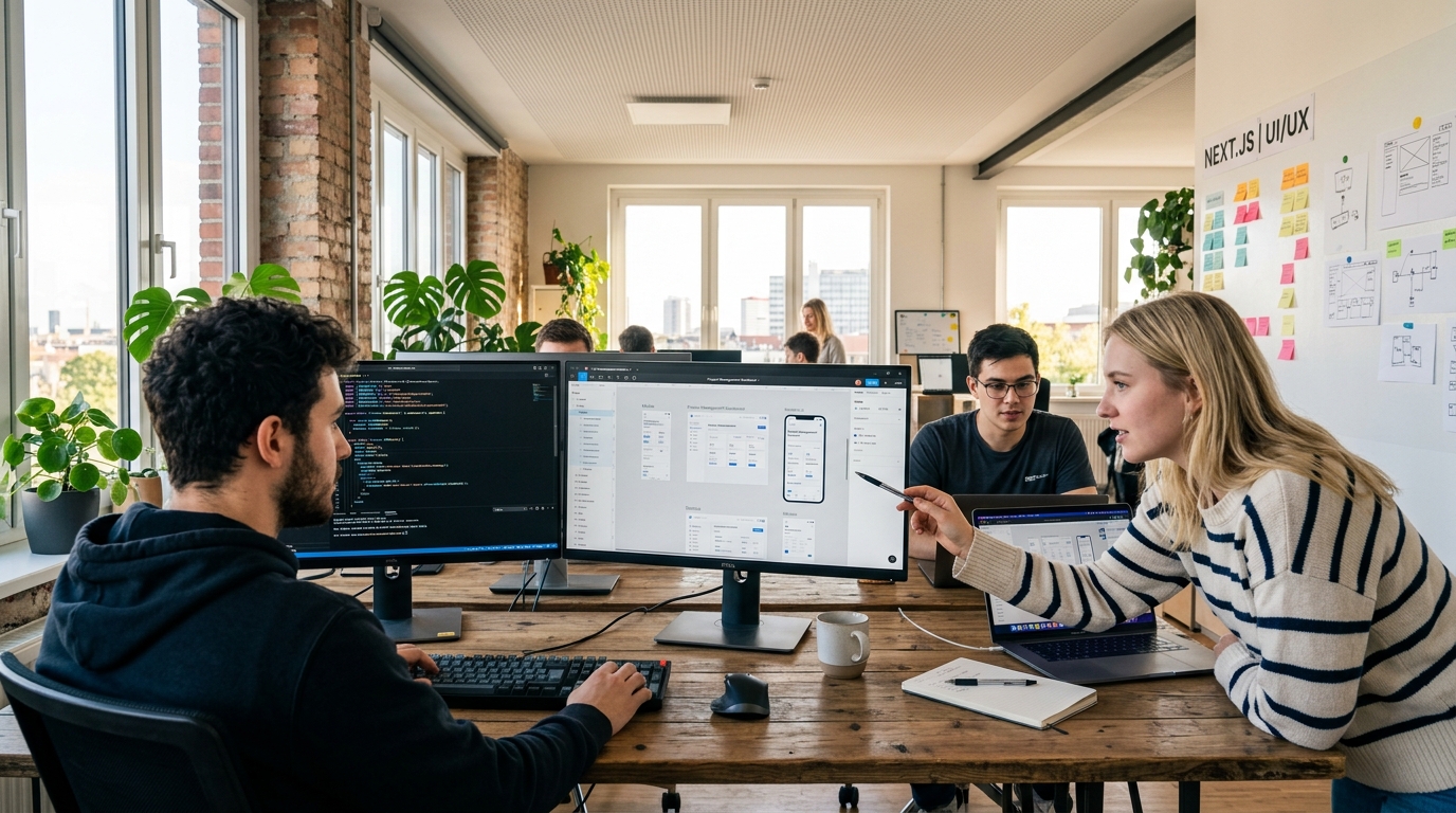 Software engineers collaborating on custom web development and UI/UX design